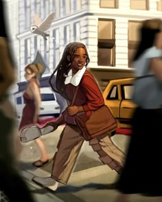 a drawing of a woman walking down the street