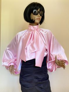 "This is a very stylish Womens Satin blouse. It is comfortable and cozy. Made for a free flowing fit. Great for all year around and for any special occasion or casual day can be dressed up or dressed down. SIZE CHART SIZE S - US 6, UK 8, EU 36 bust: bust around 34.5\"/90cm Waist: waist around 27.5\"/70cm Hips: hips around 34.5\"/90cm SIZE M - US 8, UK 10, EU 38 bust: bust around 37.5\"/95cm Waist: waist around 29.5\"/75cm Hips: hips around 37.5\"/95cm SIZE L - US 10, UK 12, EU 40 bust: bust arou Fitted Pink Lantern Sleeve Blouse, Fall Pink Puff Sleeve Blouse, Pink Puff Sleeve Blouse For Fall, Feminine Party Blouse With Bow, Pink Satin Feminine Blouse, Pink Satin Blouse In Feminine Style, Spring Evening Blouse With Bow Detail, Spring Evening Blouse With Bow, Pink Lantern Sleeve Blouse For Party