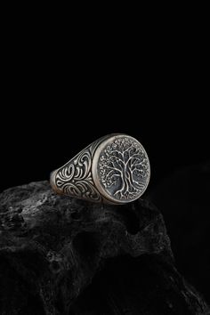 Tree of Life Unique Signet ring, Yggdrasil has been created by talented craftmens as handmade. We design to compliment your style! We believe there is something special for everyone and for every occasion, whether you're shopping for yourself or looking for a gift. Our wide selection of jewelry leaves no doubt or question marks regarding if one can find anything for themselves. Gaze upon our collections and see for yourself Unique Design: The life of tree figure on this ring symbolizes strength, Unique Oval Ring, Mythology Jewelry, Question Marks, Tree Of Life Ring, Family Ring, Tree Ring, Handmade Wooden Boxes, Celtic Mythology, Family Rings