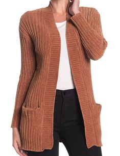 Woven Heart Open Front Pocketed Chenille Cardigan, Size M Rust Style# 8522 Color: Rust  A soft, luxe chenille sweater features an outfit-framing open front and convenient pockets for chic, feminine style. - Open front - Long dolman sleeves - Front patch pockets - Solid color - Ribbed design - Chenille knit construction - Approx. 30" length 100% polyester Dry clean Chic Feminine Style, Chenille Cardigan, Woven Heart, Chenille Sweater, Pocket Cardigan, Heart Women, Tag Sale, Dolman Sleeve, Feminine Style