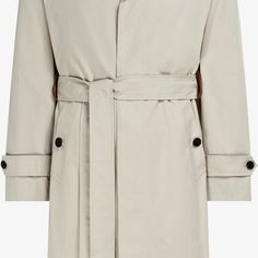 A  classic trench with a touch of elevated details, this unconstructed sand coat  is tailored to a relaxed fit with a detachable belt and suede leather detailing on  the collar, lapel buttonhole, and reversible sleeve straps. Beige Formal Outerwear With Belted Cuffs, Formal Beige Outerwear With Belted Cuffs, Beige Leather Outerwear With Lapel Collar, Luxury Beige Gabardine Outerwear, Classic Cream Outerwear With Concealed Placket, Belted Beige Business Outerwear, Belted Beige Outerwear For Business, Classic Cream Gabardine Outerwear, Beige Gabardine Outerwear With Concealed Placket