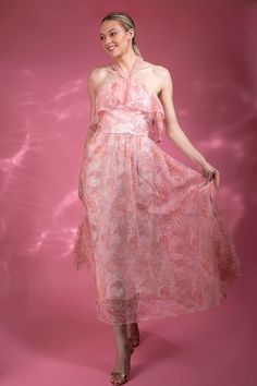 Monique Lhuillier halter ruffle cocktail dress in pink blush. 100% Polyester Dry Clean Made in the United States Ruffle Cocktail Dress, Marissa Collections, Monique Lhuillier, Pink Blush, Clothing Size Chart, Spring Collection, Bridal Wear, Dress Details, The United States