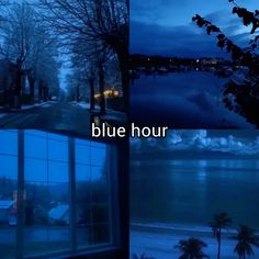 three different pictures with the words blue hour written on them and trees in front of it