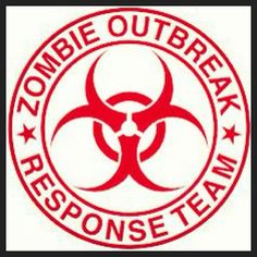 the zombie outbreak response team sticker is red and white with a bio hazard symbol on it