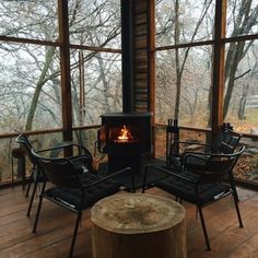 wood burning stove on the cabin screened porch #outdoorliving #cozy Log House, White Interior Design, Black And White Interior, Plywood Furniture, Cabin Life, Mountain House, Screened Porch, Boho Home, Cabins In The Woods