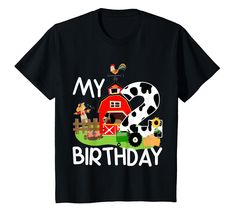 PRICES MAY VARY. My 2 Birthday tshirt is perfect for a Two year old boy or girl to wear to a birthday party. If your 2 year old loves tractors, barns and farm animals, this colorful design tee will be a huge hit. Looking for Farm animal birthday party ideas? This barnyard scene featuring a scarecrow, horse, rooster, pig, tractor, cat and cow number is a fun outfit for a boy or girl and a great gift! Your child will love wearing this cute shirt! Lightweight, Classic fit, Double-needle sleeve and Tractor Birthday Party, Chicken Cat, 2nd Birthday Shirt, Tractor Birthday, Ideas Cumpleaños, Cat Clothing, Farm Party, Farm Tractor