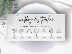 the wedding day info sheet is displayed on a plate