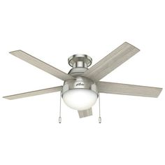 a ceiling fan that has a light on it and two blades attached to the blade