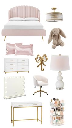 a collage of pink and gold furniture, including a bed, desk, lamp, dresser