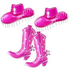 three pink cowboy boots and combs are shown with white stars on the top one