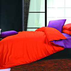 an orange and purple bed in a room with a red blanket on the floor next to a window