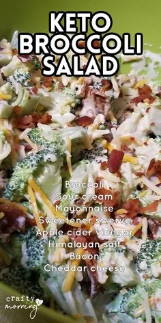 broccoli salad with cheese and bacon in a green bowl