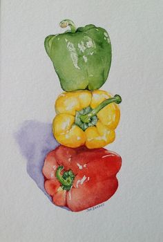 a watercolor drawing of peppers stacked on top of each other