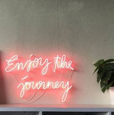 a pink neon sign that says enjoy the journey on top of a shelf next to a potted plant