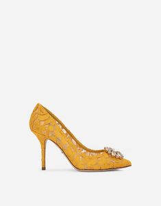 Lace-covered mesh upper 90 mm - 3.5 inches heel Kidskin insole with branded label Branded leather sole Item comes with themed packaging Made in Italy Orange Pumps, Colorful Crystals, Lace Pumps, Dark Style, Blue Pumps, Yellow Shoes, Yellow Lace, 5 Inch Heels, Red Lace