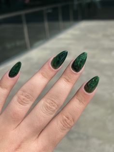 Prom Nail Ideas For Green Dress, Green And Black Nails Prom, Green Alt Nails, Forest Inspired Nails, Green Nails Jelly, Dark Green Jelly Nails, Queer Nails Art, Green Witch Nails, Lotr Nails