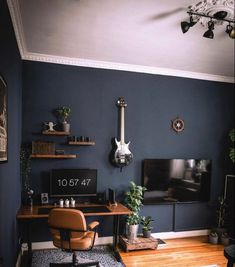 Blue rand warm room and desk inspo workspace Small Game Rooms, Home Music Rooms, Minimalist Room, Ideas Living Room, Room Design Bedroom, Home Office Setup, Room Makeover Bedroom