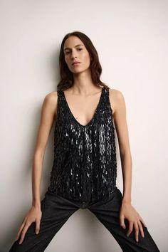 SEQUIN STRAPPY TOP ZW COLLECTION - Black | ZARA United States Waistcoat Dress, Round Neck Top, Strappy Top, Cardigan Sweater Dress, Anorak Jacket, Leather Shirt, Zara Woman, Round Neck Tops, Strap Tops