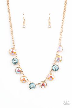 Featuring a UV iridescence, a sparkling display of peach, blue, and golden gems are encased into delicately textured gold frames as they link below the collar, creating a majestic statement piece. Features an adjustable clasp closure. Sold as one individual necklace. Includes one pair of matching earrings. Multi Necklace, Rhinestone Rose, Copper Frame, Gold Frames, Silver Caps, Silver Wings, Whimsical Fashion, Paparazzi Accessories, White Rhinestone