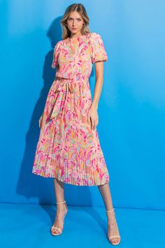 BOARDWALK DREAM WOVEN MIDI DRESS l FLYING TOMATO | Flying Tomato Flowy Midi Dress For Day Out, Feminine Multicolor Midi Dress With Short Sleeves, Dressy Knee-length Midi Dress For Brunch, Feminine Multicolor Short Sleeve Midi Dress, Pleated Sundress Midi Dress For Brunch, Pleated Midi Dress For Garden Party, Beach Midi Dress With Flowy Skirt And Short Sleeves, Feminine Pleated Midi Dress For Casual Wear, Feminine Pleated Midi Dress For Casual Occasions