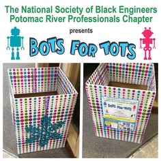 an advertisement for the national society of black engineers bots for tots, with two images of robot boxes