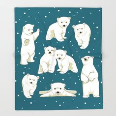 polar bears on teal background with snowflakes and white dots throw blanket by artist lauren scott