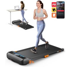 a woman is running on a treadmill with an app showing her phone and tablet