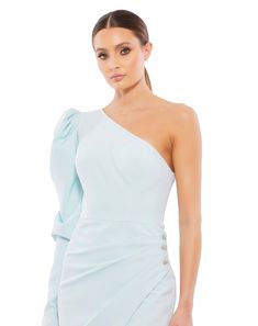 Mac Duggal One shoulder neckline Approx. 48" from top of shoulder to bottom hem Fully lined through body Available in Powder Blue Style #26624 Formal Blue One-shoulder Ruched Dress, Formal Blue Ruched One Shoulder Dress, Formal Blue Ruched One-shoulder Dress, Elegant Blue One Shoulder Ruched Dress, Elegant Blue Ruched One Shoulder Dress, Elegant Blue Ruched One-shoulder Dress, Blue Fitted One Shoulder Dress For Formal Occasions, Blue Fitted One Shoulder Formal Dress, Formal Fitted Blue One Shoulder Dress