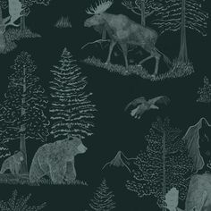 a black and white drawing of some animals in the woods with pine trees on it