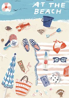 an illustration of beach items on the sand with words at the beach written in white