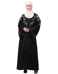 Muslim Front to back resham embroidery Front open Dubai Style Kaftan cum Abaya Black Flared, Modest, Nida, Partywear, Black, , Abayas, XS, S, M, L, XL, 2XL, 3XL, 4XL, 5XL, 6XL, 7XL:Arabic Attire