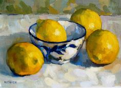 a painting of three lemons in a bowl