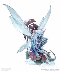 a white fairy sitting on top of a pile of snow next to purple and red flowers