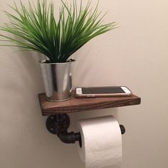 a potted plant sitting on top of a wooden shelf next to a toilet paper roll