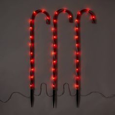 two candy canes with lights attached to them