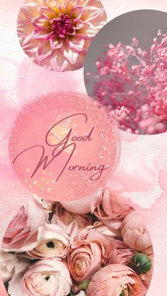 pink flowers with the words good morning on it and an image of a flower bouquet