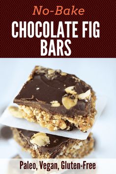 no - bake chocolate fig bars are stacked on top of each other with nuts