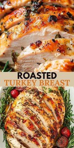 roasted turkey breast with herbs and cranberries on the side