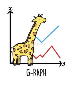 a giraffe is standing in front of an upward line with the word graph on it