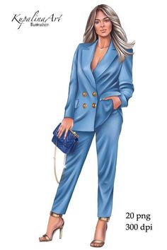 a drawing of a woman in a blue suit and heels with her hand on her hip