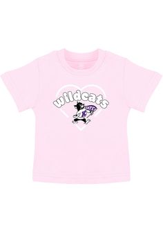 Kids, show your support for your favorite team in this K-State Wildcats Infant Girls Pink Short Sleeve Tee! This T-Shirt features a fun screen print heart team graphic on center chest, so everyone will know you cheer for the K-State Wildcats! This is the perfect K-State Wildcats Infant Girls T-Shirt for wearing from every day to game day. Fear The Cats! Screen print graphic on center chest, Crew neck, Short sleeve, Super soft fabrication, Perfect for all young fans!, 100% COTTON, 8 Short Sleeve Tops With Team Logo For Cheerleading, Cheerleading Team Logo Short Sleeve Tops, Casual Pink Tops With Team Logo, Pink Screen Print Top For Sports Events, Pink Tops With Team Name For Fan Gear, Pink Collegiate Cotton Tops, Collegiate Pink Short Sleeve Tops, Pink Team Spirit Tops For Fan Gear, Pink Tops Team Spirit Fan Gear