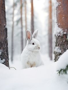 a white rabbit sitting in the snow near some trees and pine cones, looking at the camera