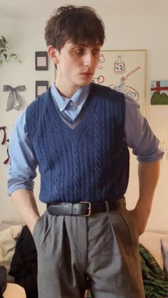 Preppy Outfits Masculine, Dark Academia Teacher Male, Teacher Outfits Masc, Guy Tea Party Outfit, Scientist Aesthetic Outfit Male, Ghibli Inspired Outfits Men, Male History Teacher Aesthetic, Academia Blue Outfit, Casual Formal Wear For Men