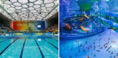 an indoor swimming pool with people playing in it and on the other side, there are water slides