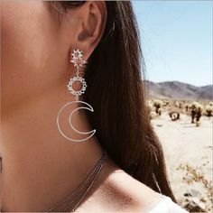 Fashion Earrings Alloy Length and width of the sun: 8cm * 3.8cm, length and width of the moon: 8cm * 3.1cm Moon City, Golden Number, Hollow Earrings, Funky Earrings, Vintage Sun, Alloy Earrings, Moon Star, Star Pattern, Moon Earrings