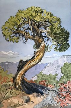 a painting of a tree with mountains in the background