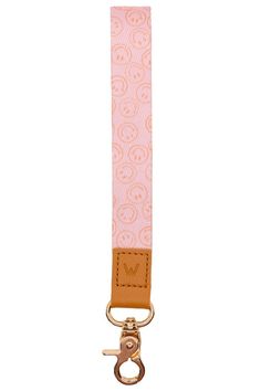 a pink and orange lanyard strap with a gold metal hook on the bottom of it