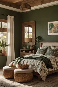 a bed room with a neatly made bed and two stools next to the window