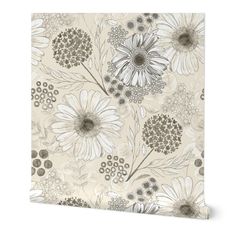 a floral wallpaper with white and gray flowers on it's sides, in an off - white background