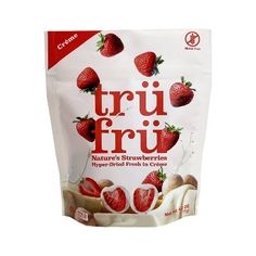 a bag of fruit that is sitting on a white surface with the words tru fru in it